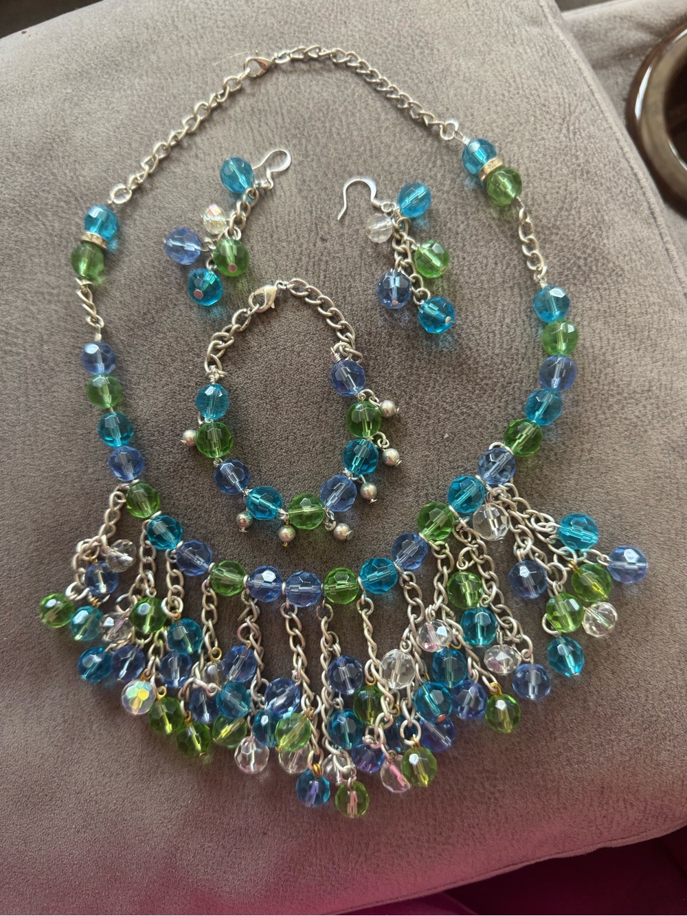 Beaded Fringe Necklace Set in Blue and Green - Women Jewelry
